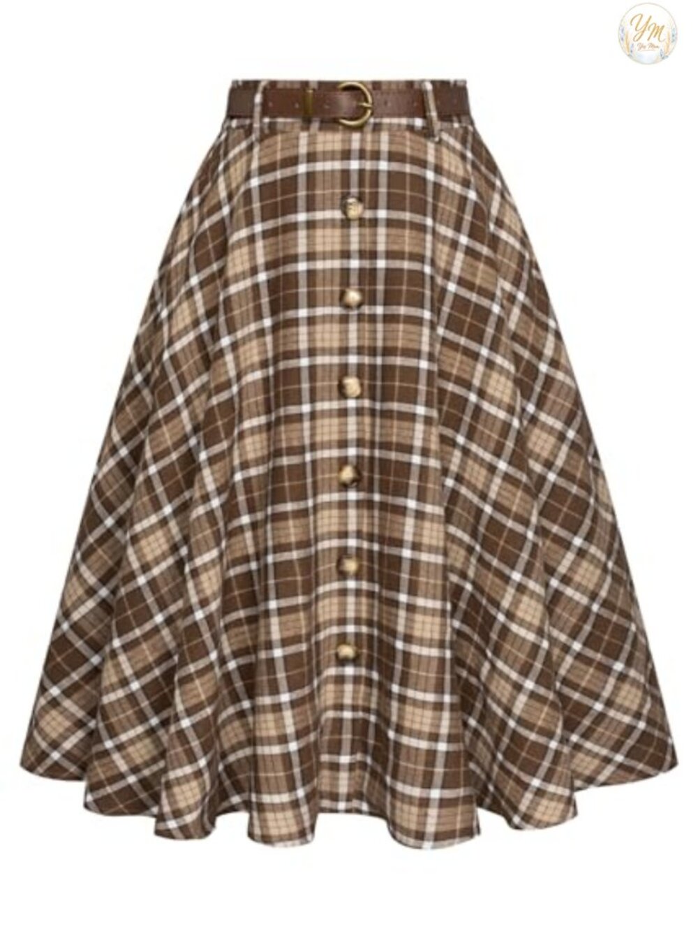 Plaid A-Line Pleated Midi Skirt High Waisted Flared with Pockets Belt